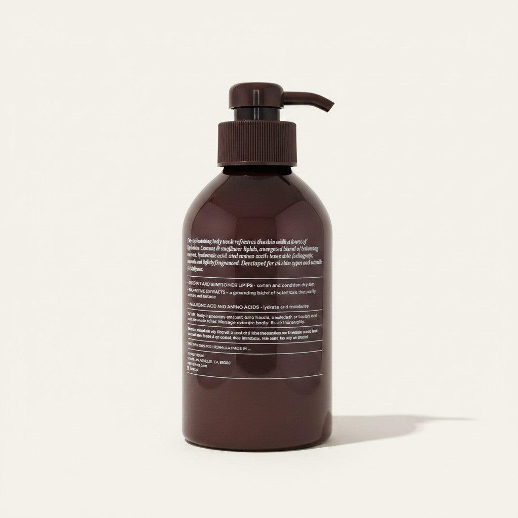 Ellemania Saltair Serum Body Wash w brązowej butelce z pompką, widok na etykietę z tyłu produktu