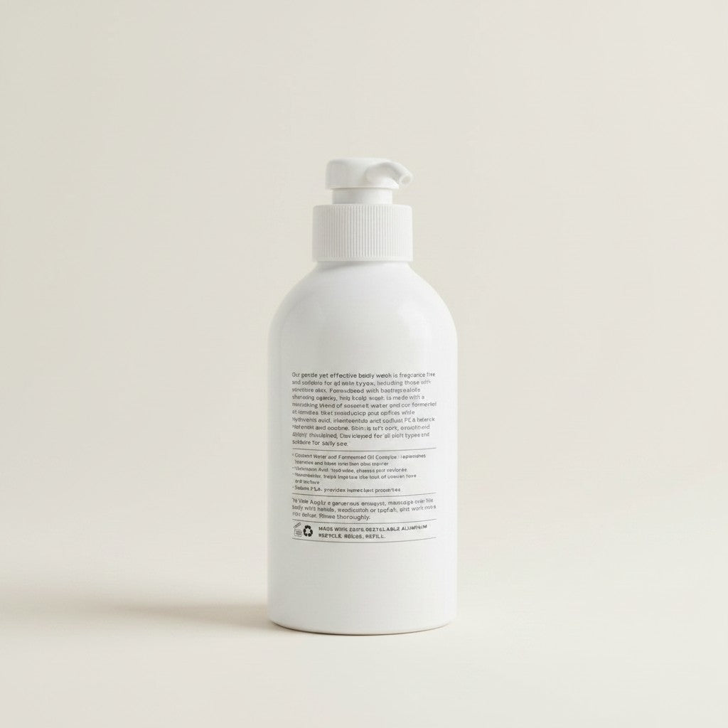 Biała butelka z pompką Saltair Serum Body Wash Fragrance Free od ellemania z opisem składników na etykiecie.