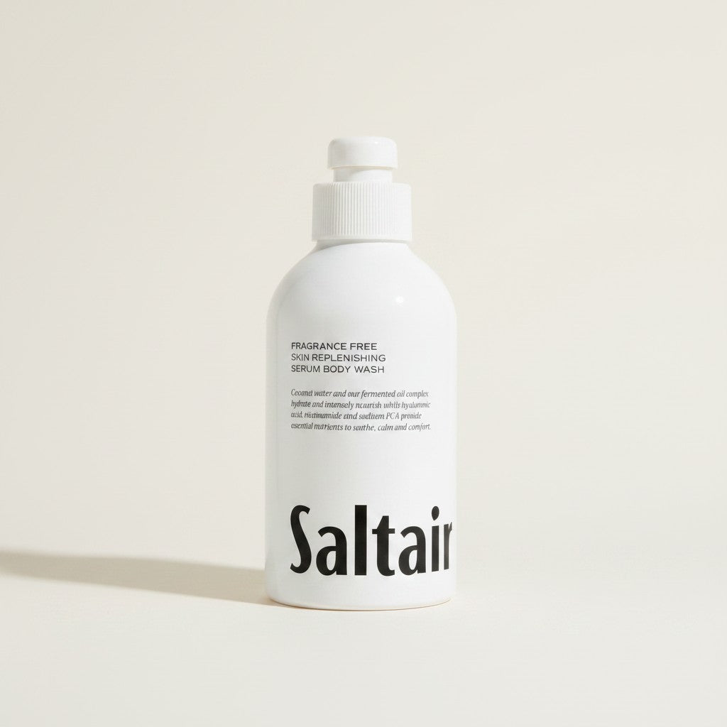 Biała butelka z pompką Saltair Fragrance Free Serum Body Wash od ellemania, nawilżający żel pod prysznic dla skóry