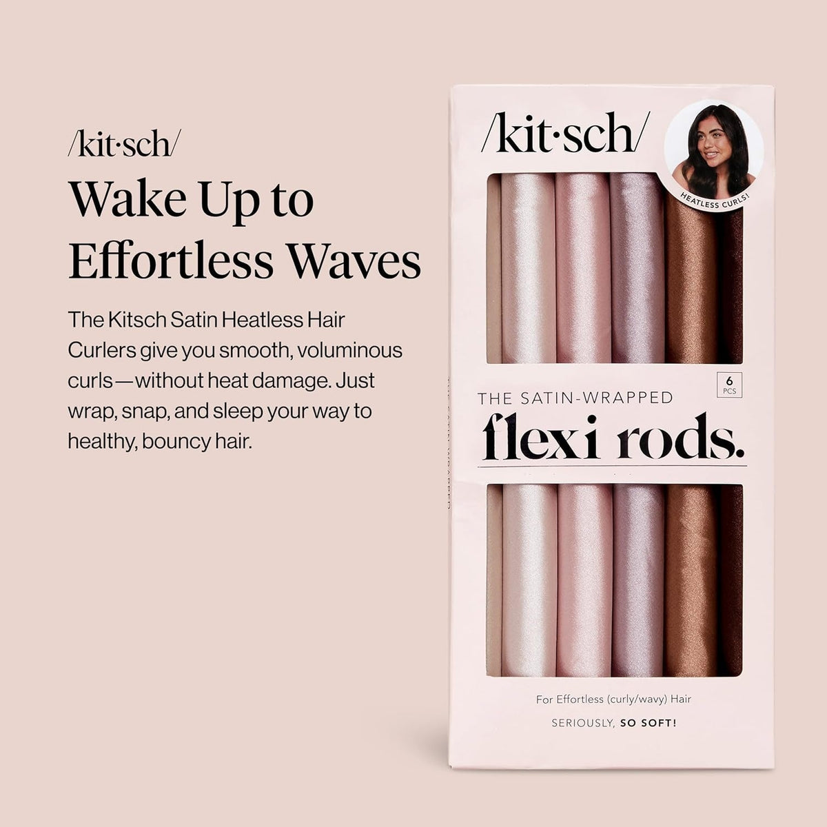 Zestaw 6 satynowych wałków do włosów Kitsch Satin Flexi Rods marki ellemania w odcieniach różu i brązu w opakowaniu.