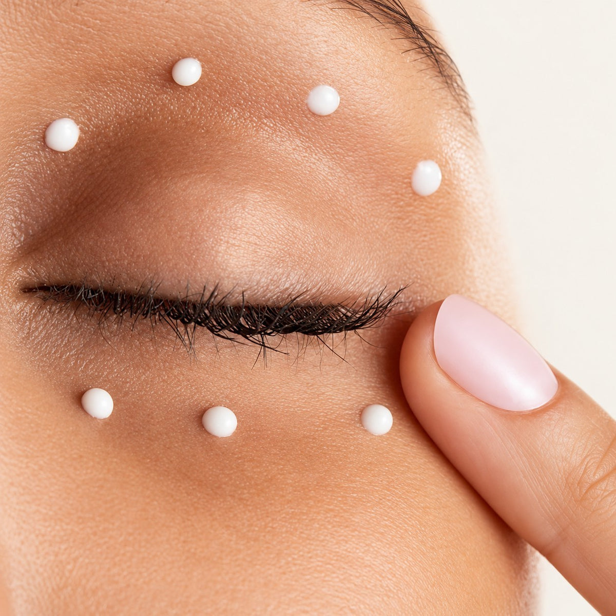 Skinfix Barrier+ Triple Lipid-Boost 360° Eye - kropki kremu nałożone wokół zamkniętego oka modelki | Ellemania