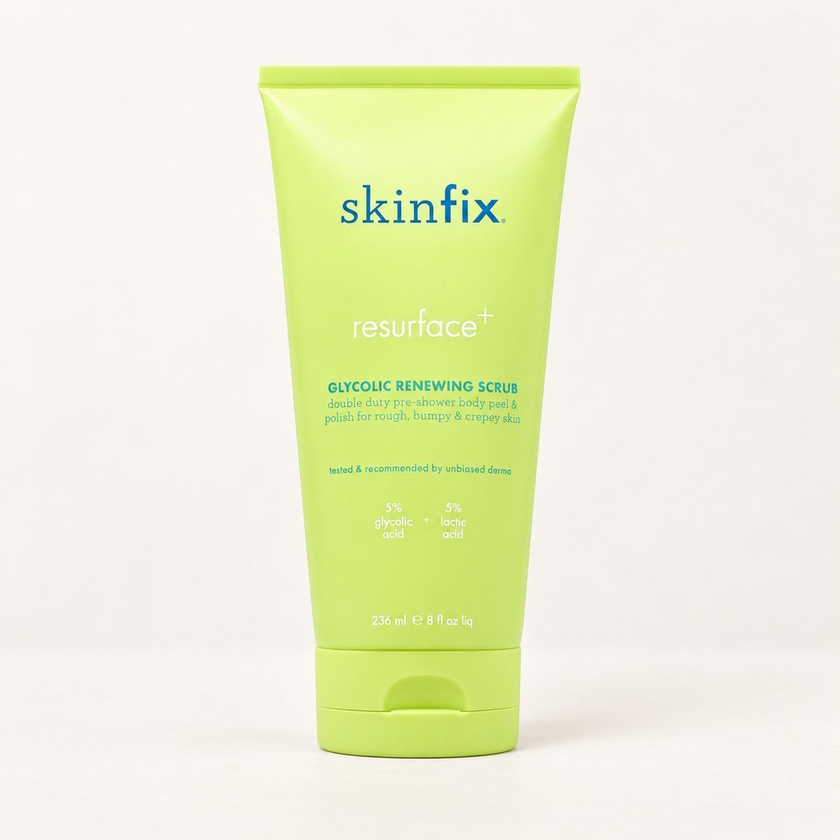Skinfix Resurface+ Glycolic Renewing Scrub - przód jasnozielonej tuby 236 ml | Ellemania