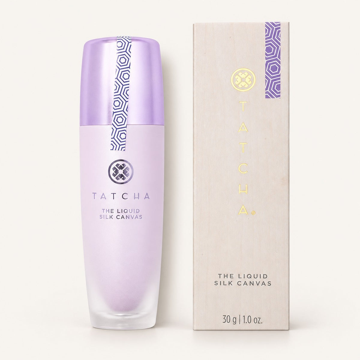 Tatcha The Liquid Silk Canvas Primer 30 g, butelka z fioletowym zamknięciem obok pudełka | Ellemania