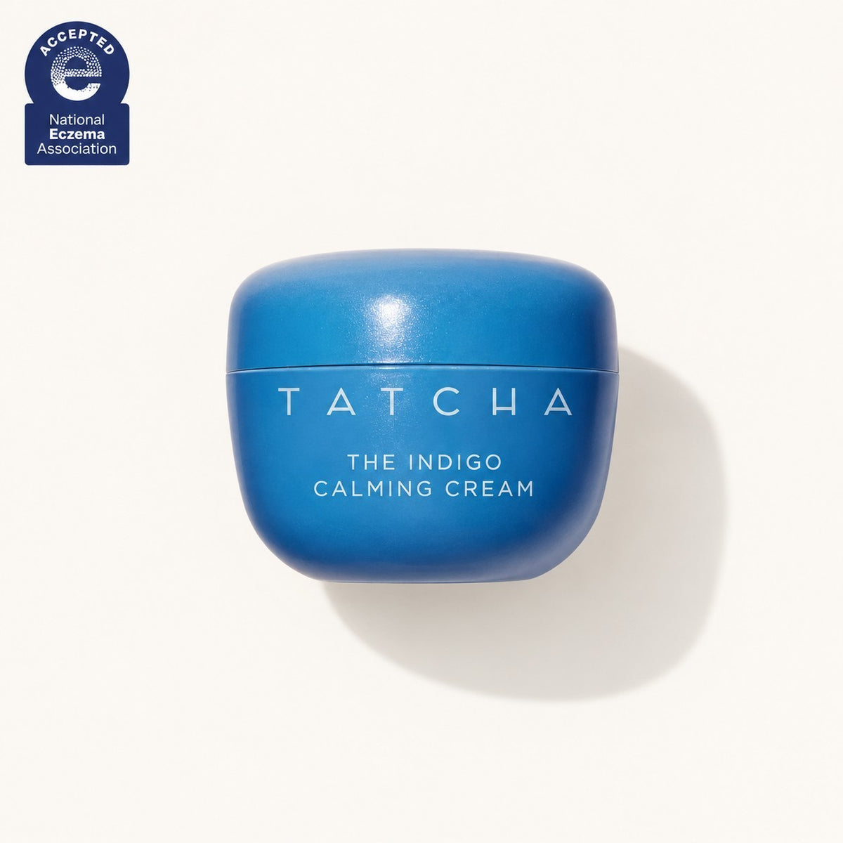 Tatcha The Indigo Calming Cream 50 ml, niebieski słoiczek z przodu z pieczęcią National Eczema Association | Ellemania