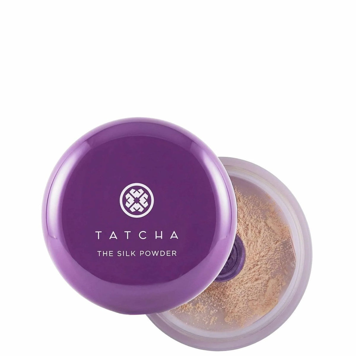 Tatcha The Silk Powder 20 g, puder sypki w fioletowym słoiczku ze zdjętą pokrywką | Ellemania