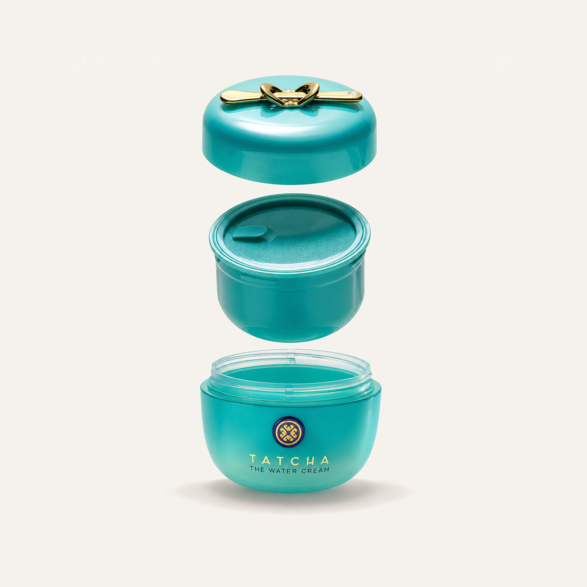 Tatcha The Water Cream Refill 50 ml, disassembled turquoise jar with lid and refill | Ellemania