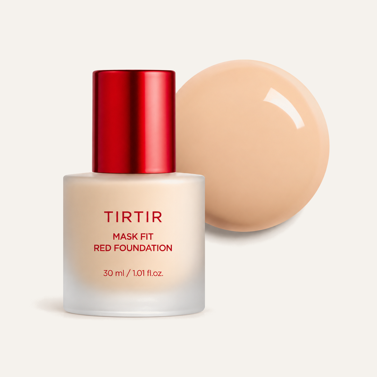 TIRTIR Mask Fit Red Foundation 30 ml, bottle with a red cap beside drops of foundation | Ellemania