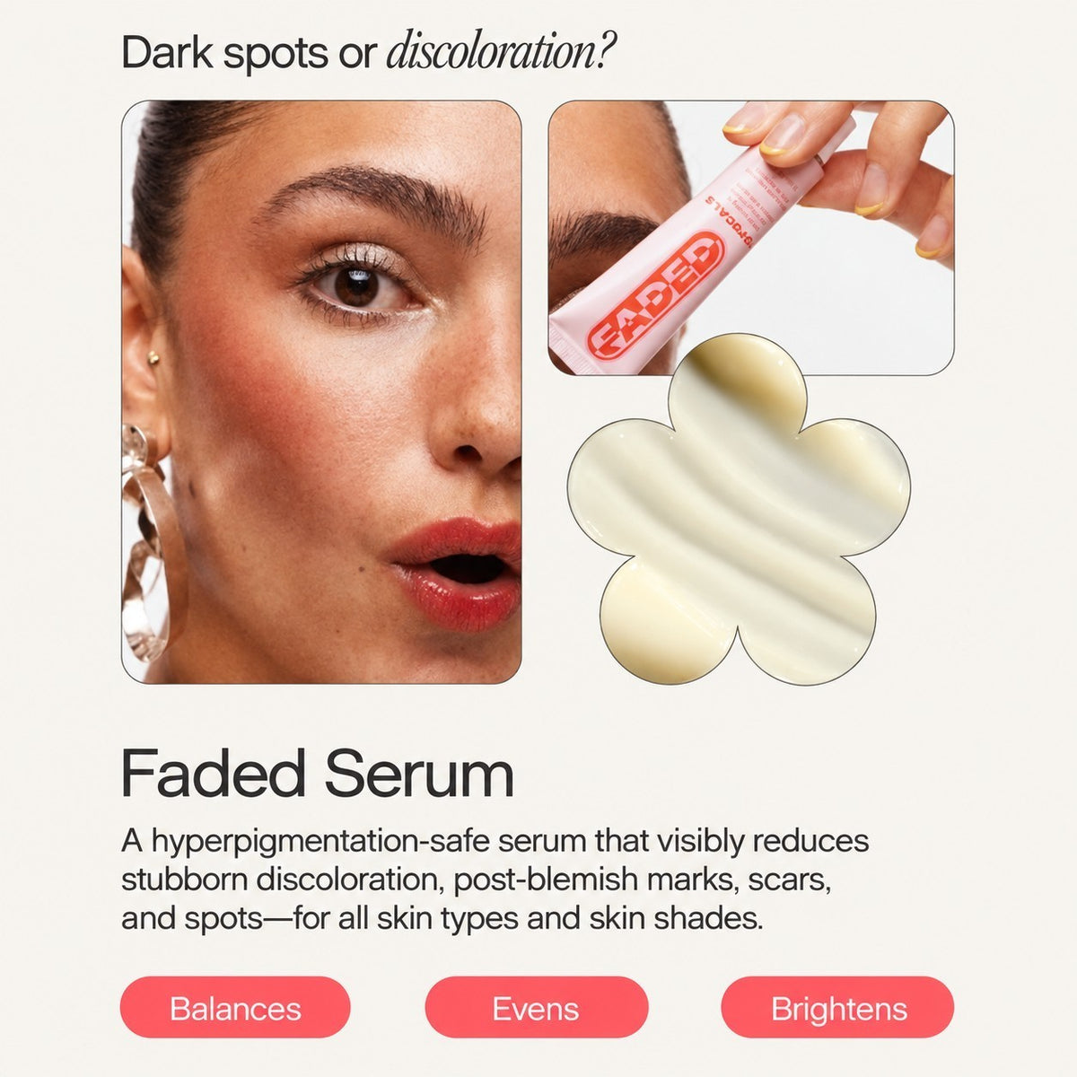 Topicals Faded Brightening & Clearing Serum Unscented - grafika producenta z twarzą, tubą i próbką kremowej tekstury | Ellemania