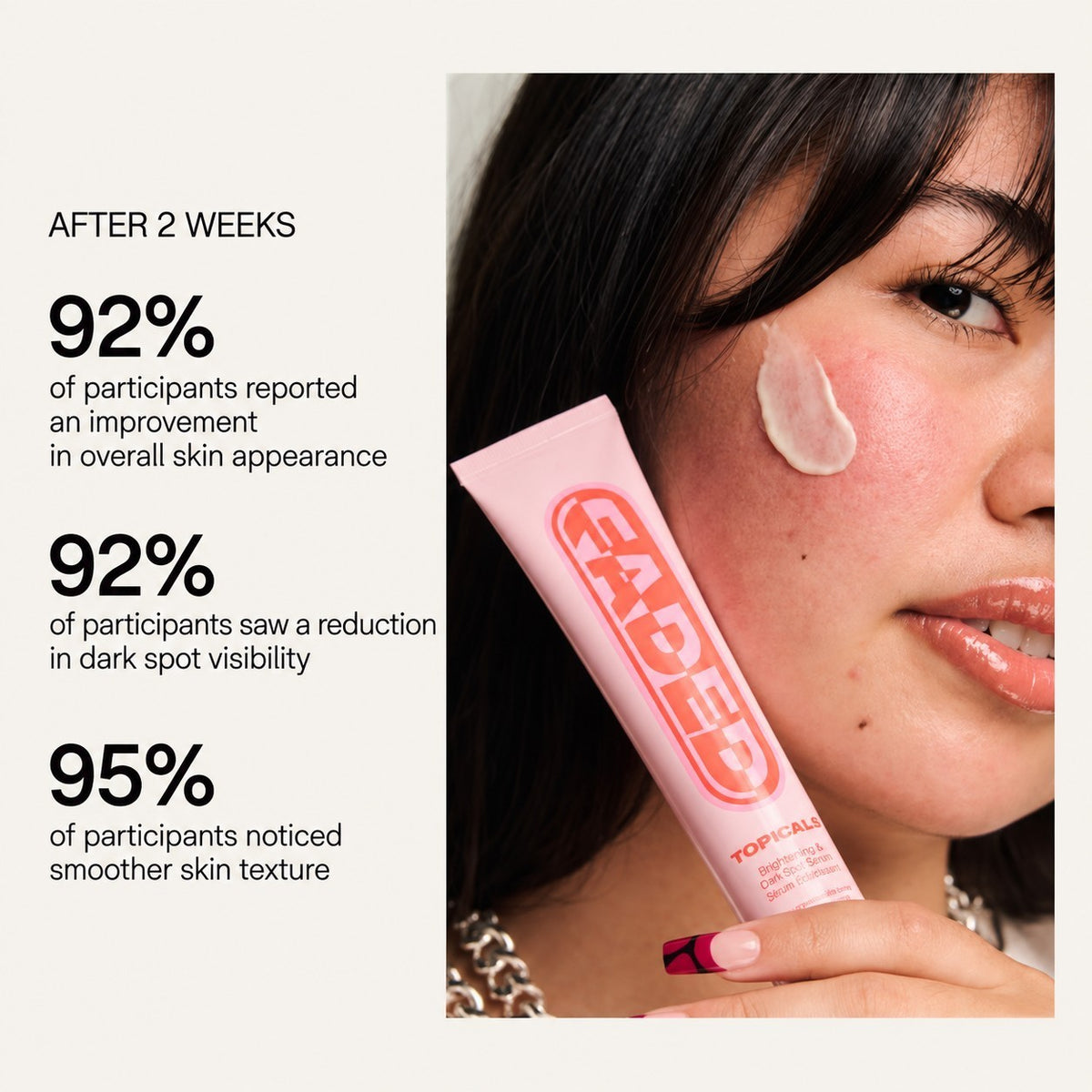 Topicals Faded Brightening & Clearing Serum - woman with a pink tube and a cream swatch on her cheek, brand graphic with consumer study data | Ellemania