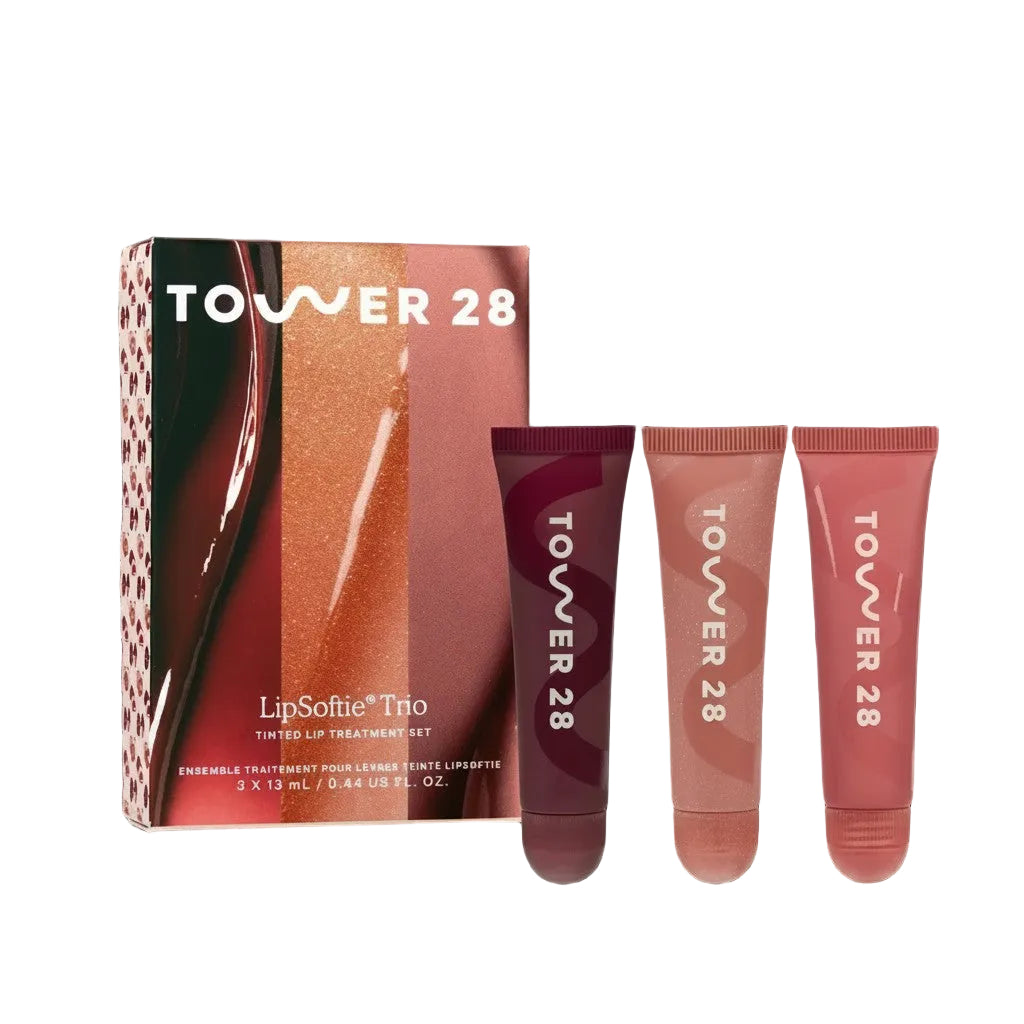 Zestaw trzech nawilżających balsamów do ust Tower 28 Beauty LipSoftie w różnych odcieniach z opakowaniem od ellemania