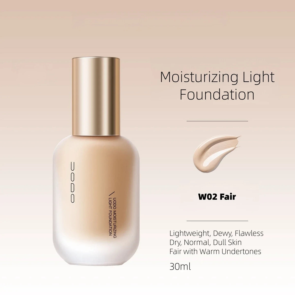 Nawilżający podkład UODO Moisturizing Light Foundation w odcieniu W02 - jasny, rozświetlony odcień skóry, 30 ml | Ellemania