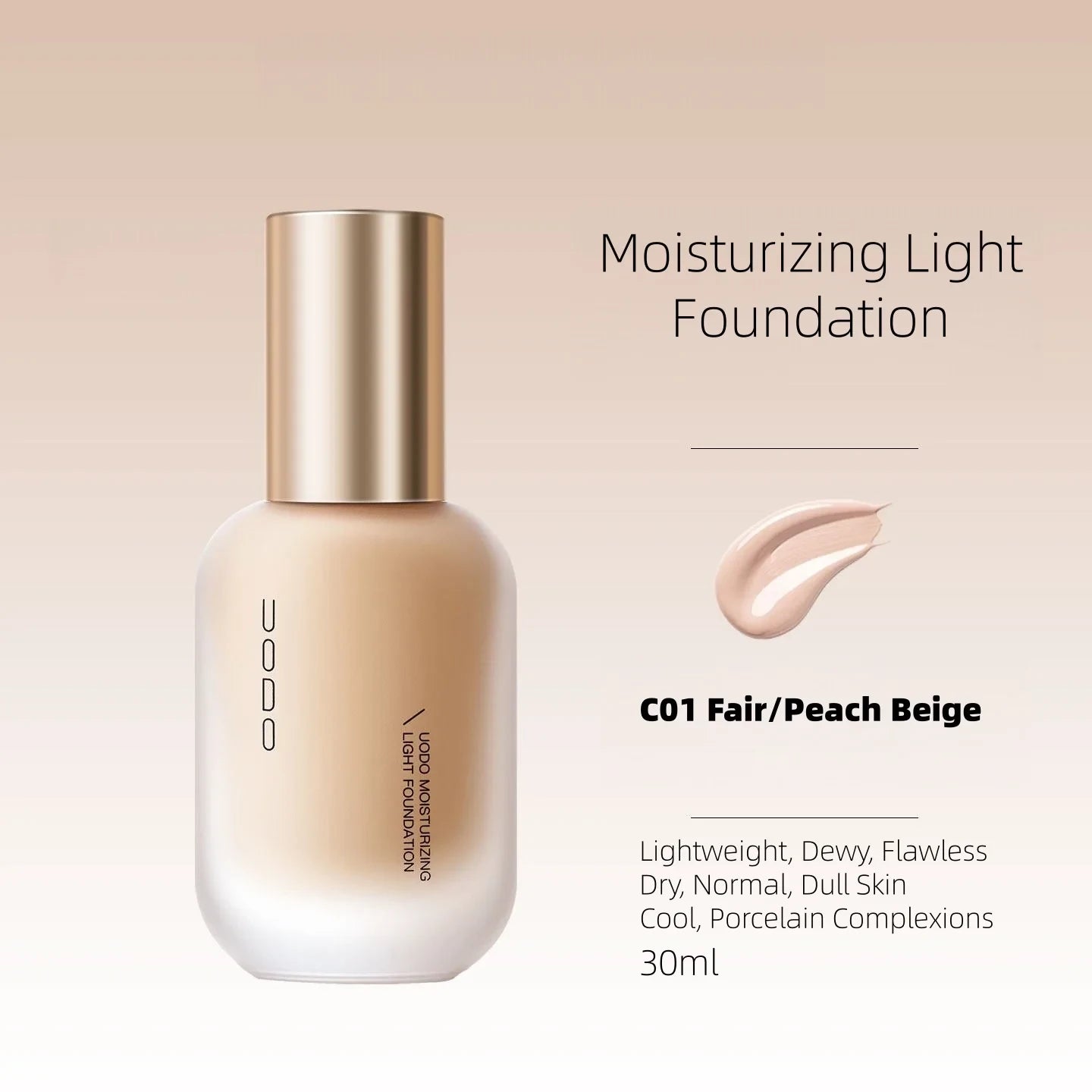 Nawilżający podkład UODO Moisturizing Light Foundation w odcieniu C01 - delikatny odcień skóry, 30 ml | Ellemania
