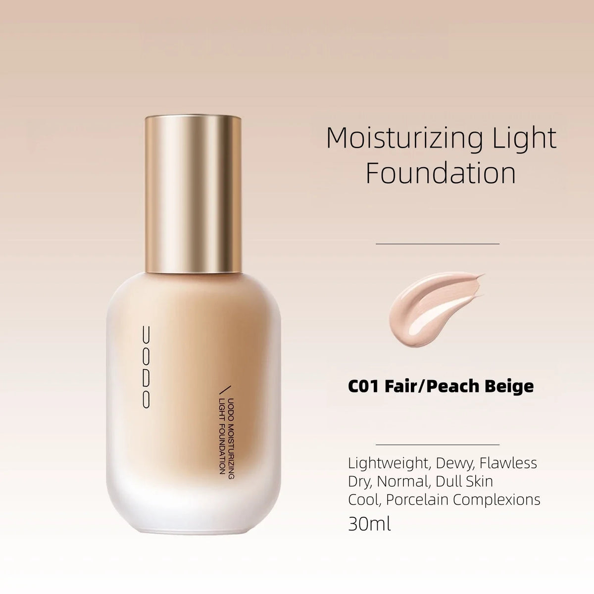 Nawilżający podkład UODO Moisturizing Light Foundation w odcieniu C01 - delikatny odcień skóry, 30 ml | Ellemania