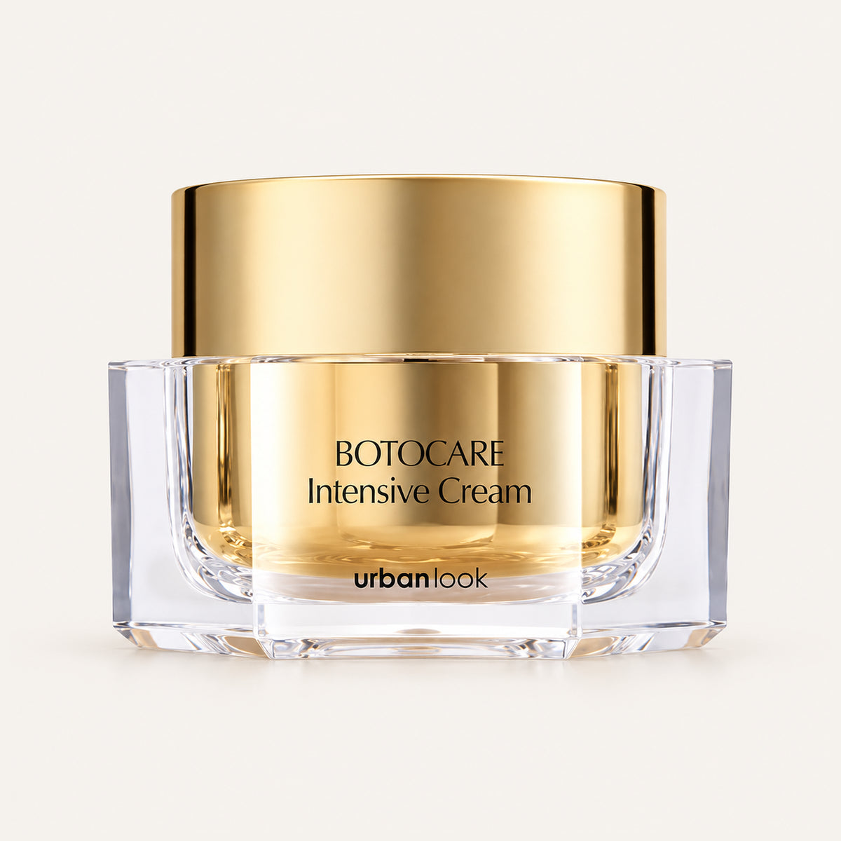 Urban Look Cosmeceuticals Botocare Intensive Cream - słoik ze złotą nakrętką i przezroczystą podstawą, widok z przodu | Ellemania