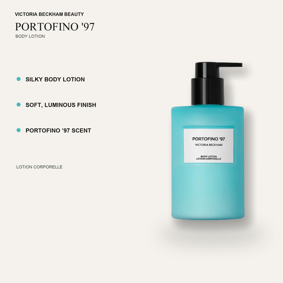 Victoria Beckham Beauty Portofino '97 Body Lotion - butelka balsamu obok listy cech produktu | Ellemania