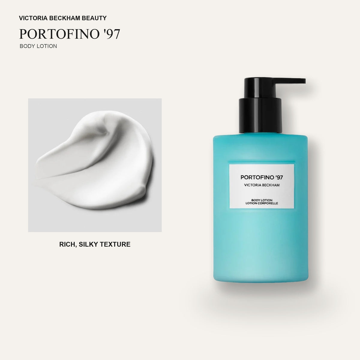 Victoria Beckham Beauty Portofino '97 Body Lotion - butelka balsamu obok próbki białej, kremowej tekstury | Ellemania