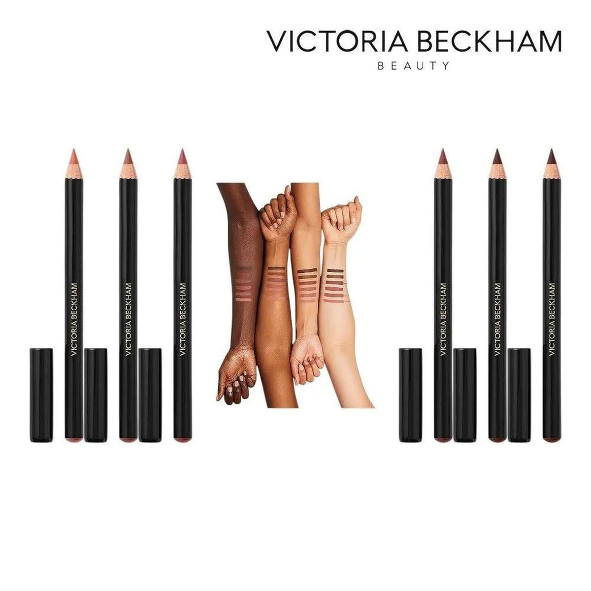 Victoria Beckham Beauty Lip Definer - konturówki z zakrętkami i swatche odcieni na przedramionach | Ellemania