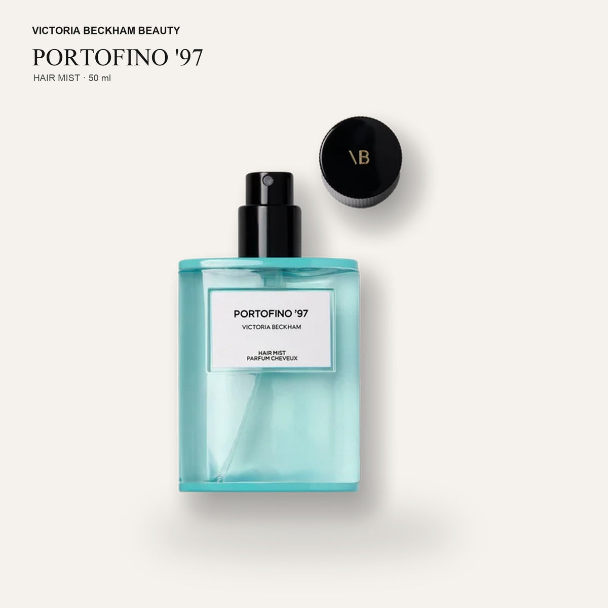 Victoria Beckham Beauty Portofino '97 Hair Perfume - butelka z pompką i zdjętą czarną nakrętką | Ellemania