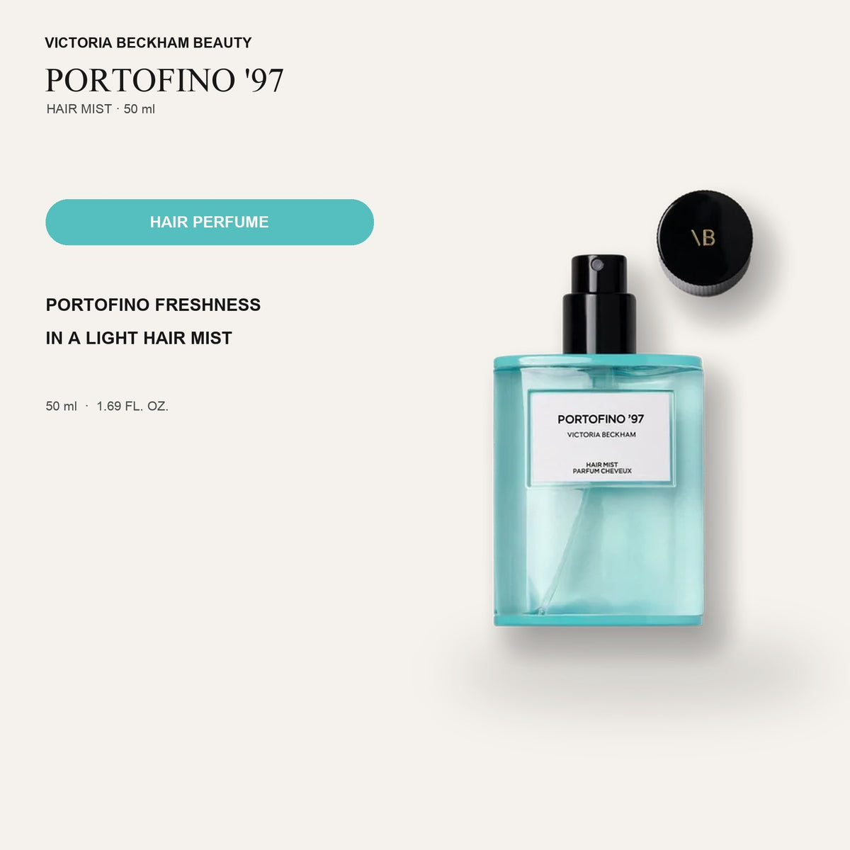 Victoria Beckham Beauty Portofino '97 Hair Perfume - butelka z pompką obok grafiki informacyjnej o lekkiej mgiełce | Ellemania