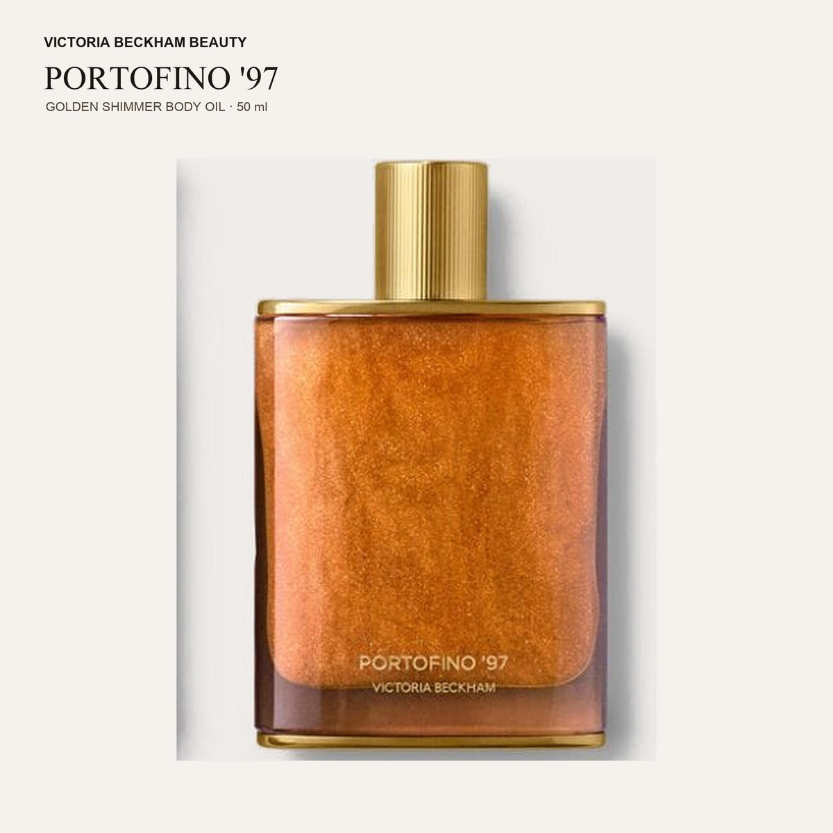 Victoria Beckham Beauty Portofino '97 Golden Shimmer Body Oil - szklana butelka ze złotą zakrętką, zbliżenie | Ellemania