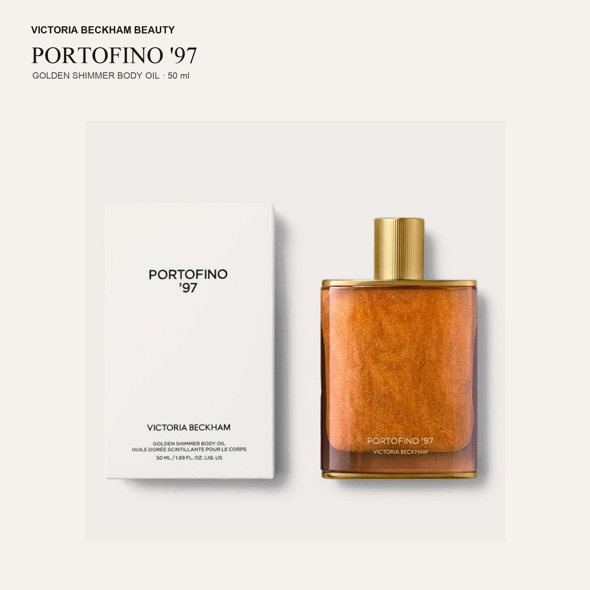 Victoria Beckham Beauty Portofino '97 Golden Shimmer Body Oil - szklana butelka obok białego pudełka | Ellemania