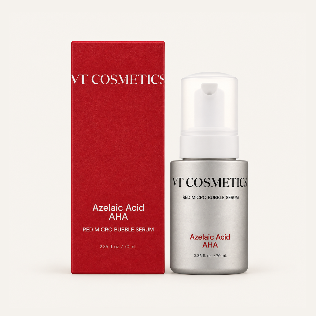 VT Cosmetics Azelaic Acid AHA Red Micro Bubble Serum 70 ml, czerwone pudełko i srebrna butelka z pompką obok | Ellemania