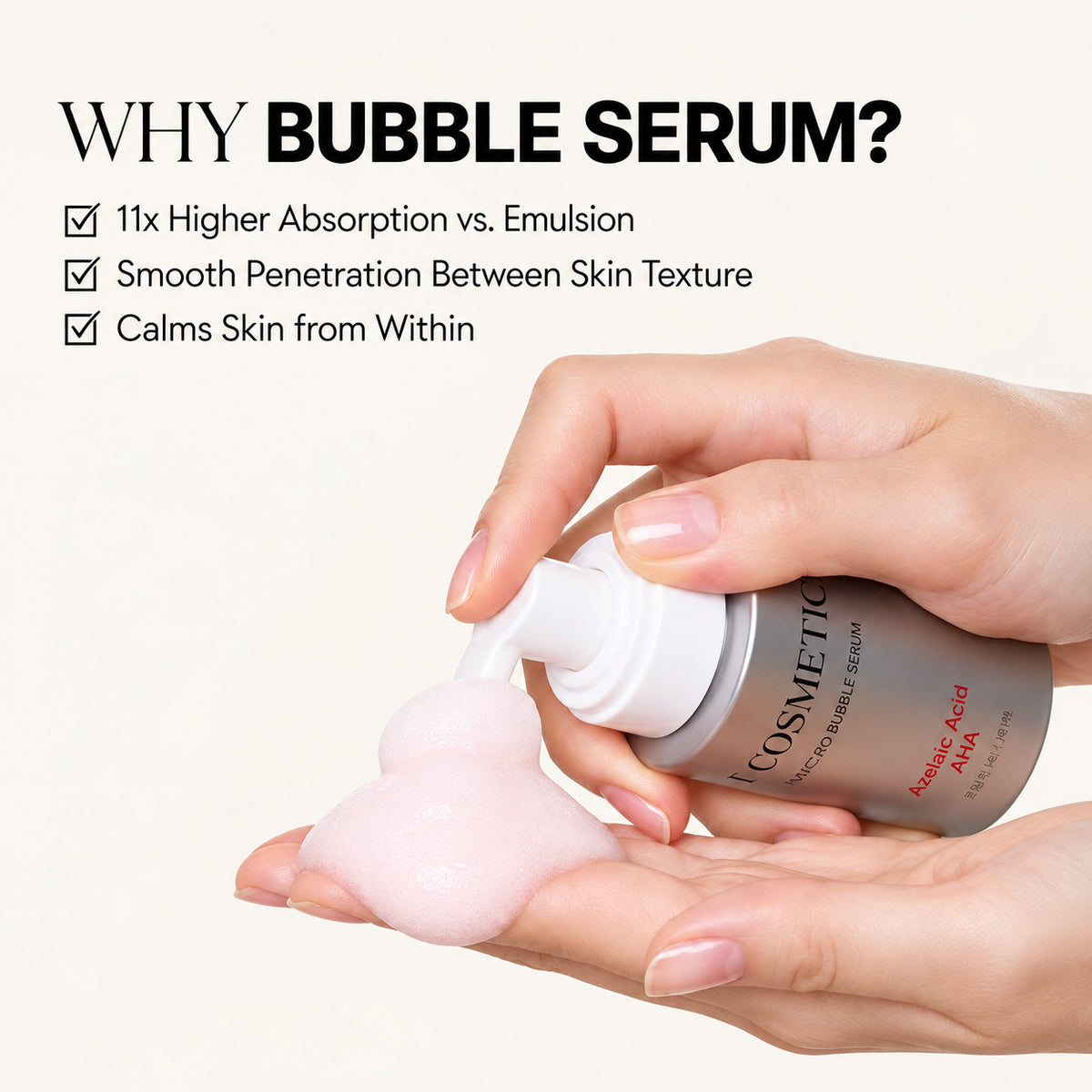 VT Cosmetics Azelaic Acid AHA Red Micro Bubble Serum 70 ml, dłoń z butelką i wyciśniętą pianką, z opisem działania | Ellemania