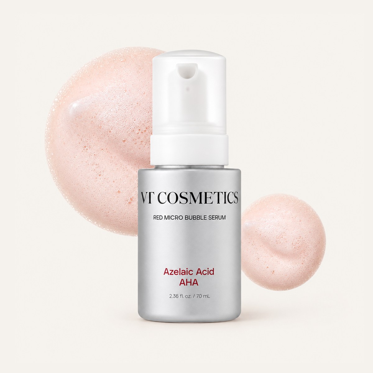VT Cosmetics Azelaic Acid AHA Red Micro Bubble Serum 70 ml, srebrna butelka z pompką na tle różowej pianki | Ellemania
