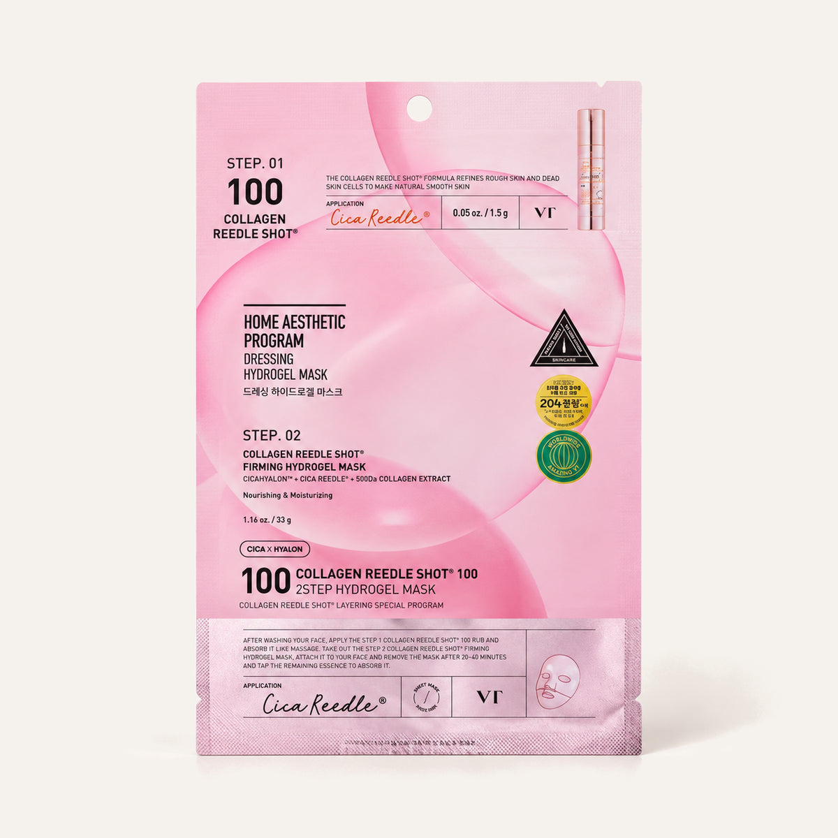VT Cosmetics Collagen Reedle Shot 100 2 Step Hydrogel Mask 33 g, pink sachet seen from the front | Ellemania