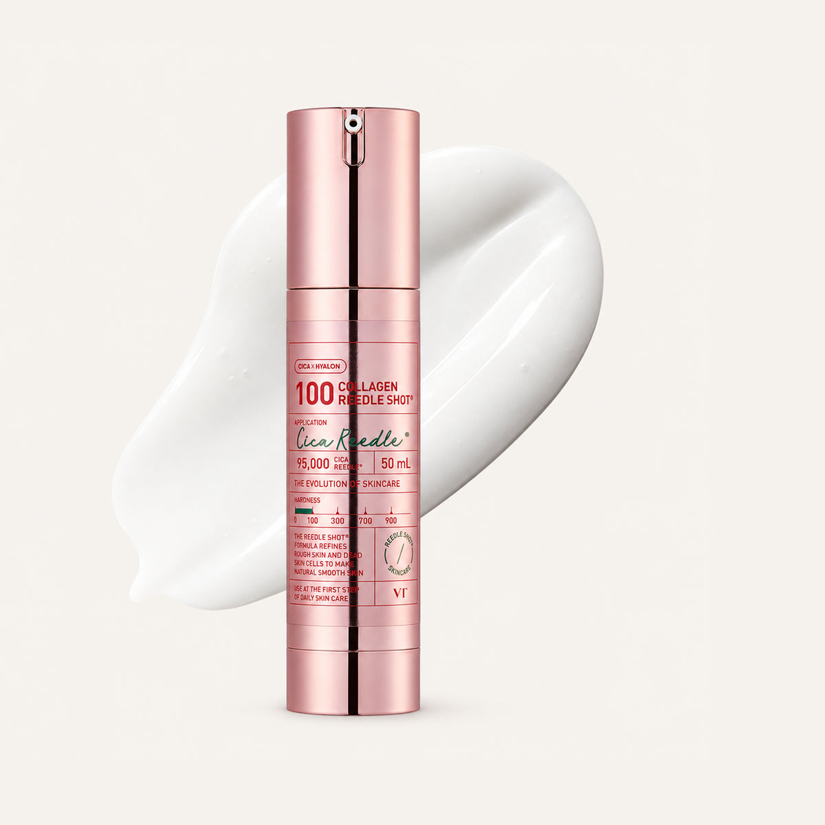 VT Cosmetics Collagen Reedle Shot 100 Serum 50 ml, pink pump bottle against a smear of serum | Ellemania