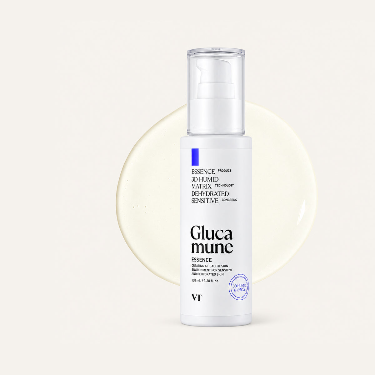 VT Cosmetics Glucamune Essence 100 ml, white pump bottle against a background of drops | Ellemania