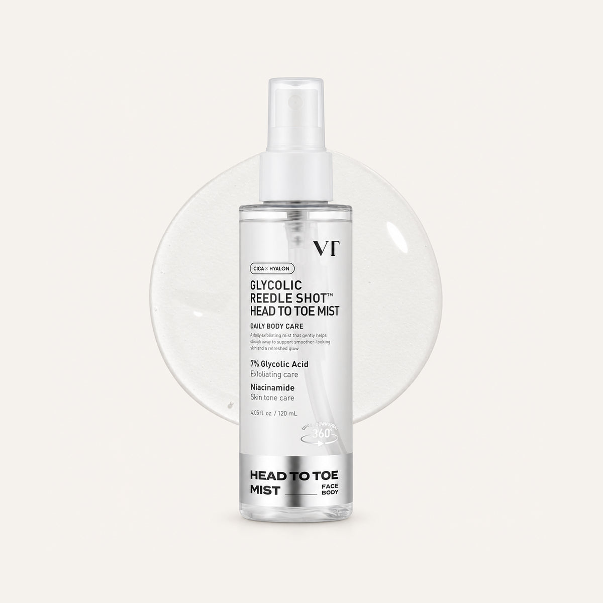 VT Cosmetics Glycolic Reedle Shot Head To Toe Mist 120 ml, spray bottle against a background of drops | Ellemania