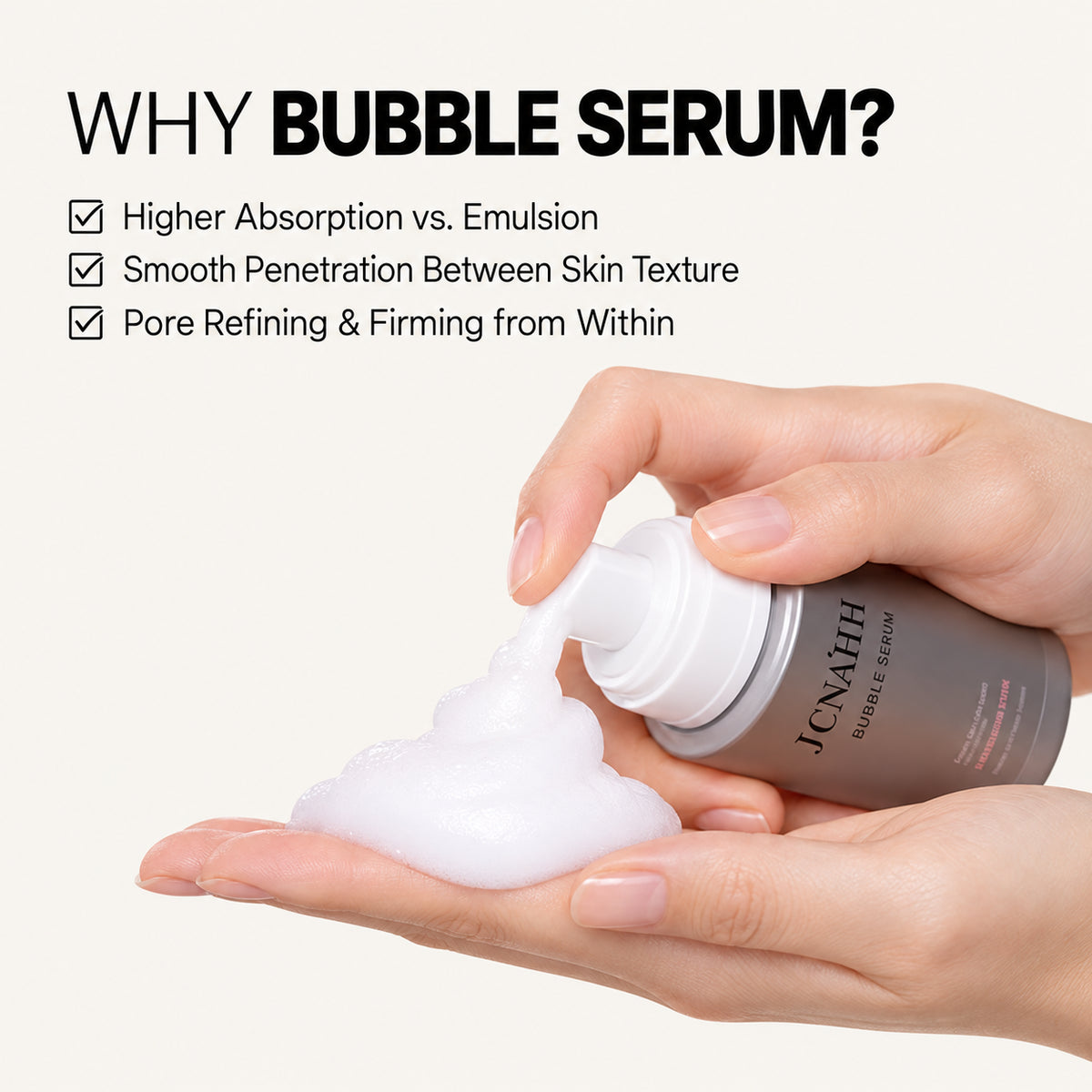 VT Cosmetics Niacinamide Glutathione Yellow Micro Bubble Serum 70 ml, dłoń z butelką i wyciśniętą pianką, z opisem działania | Ellemania