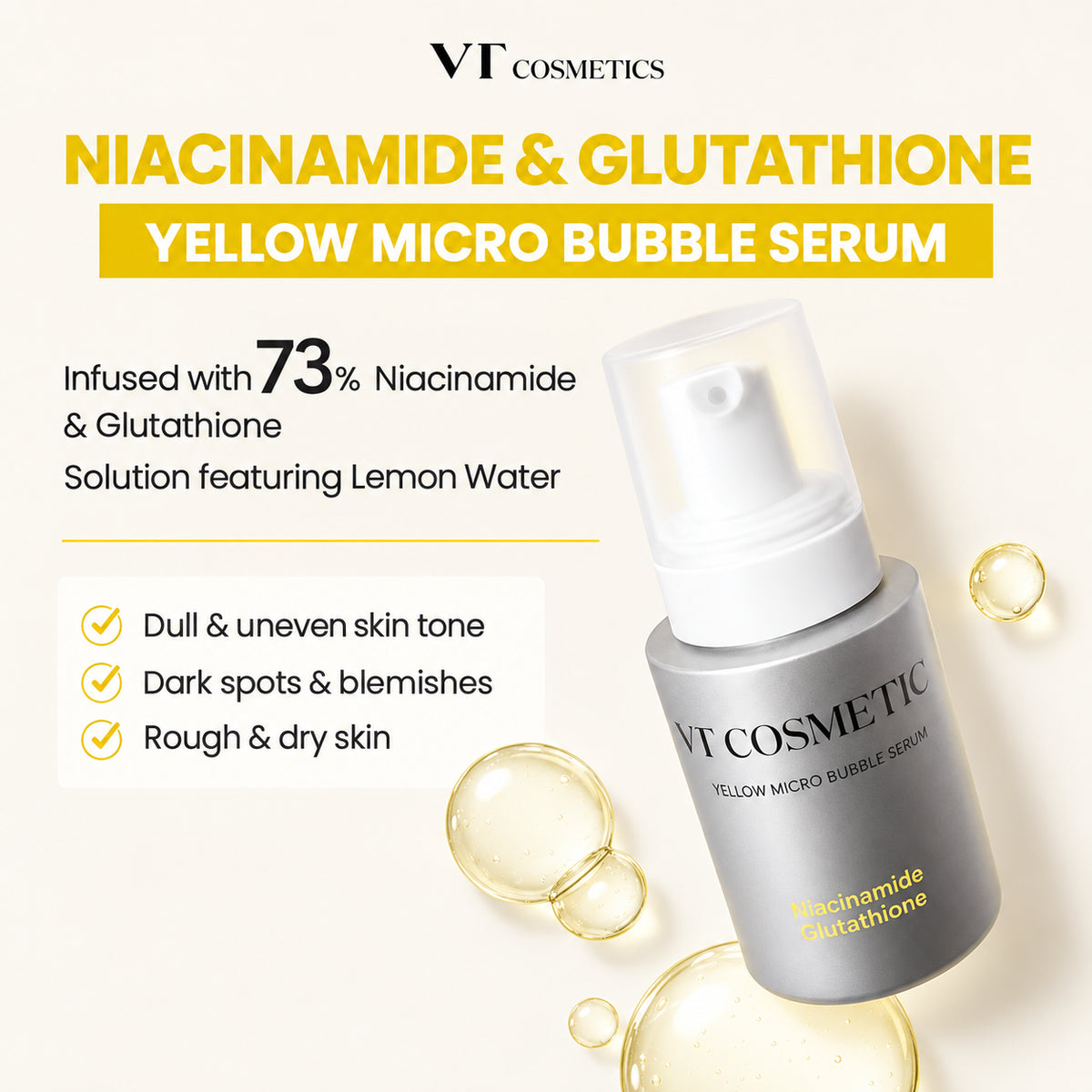 VT Cosmetics Niacinamide Glutathione Yellow Micro Bubble Serum 70 ml, srebrna butelka obok żółtej pianki, z opisem składników | Ellemania
