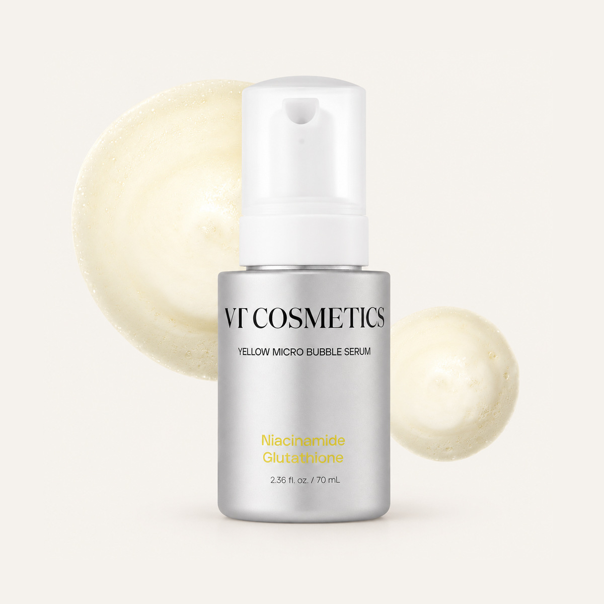 VT Cosmetics Niacinamide Glutathione Yellow Micro Bubble Serum 70 ml, srebrna butelka z pompką na tle żółtej pianki | Ellemania