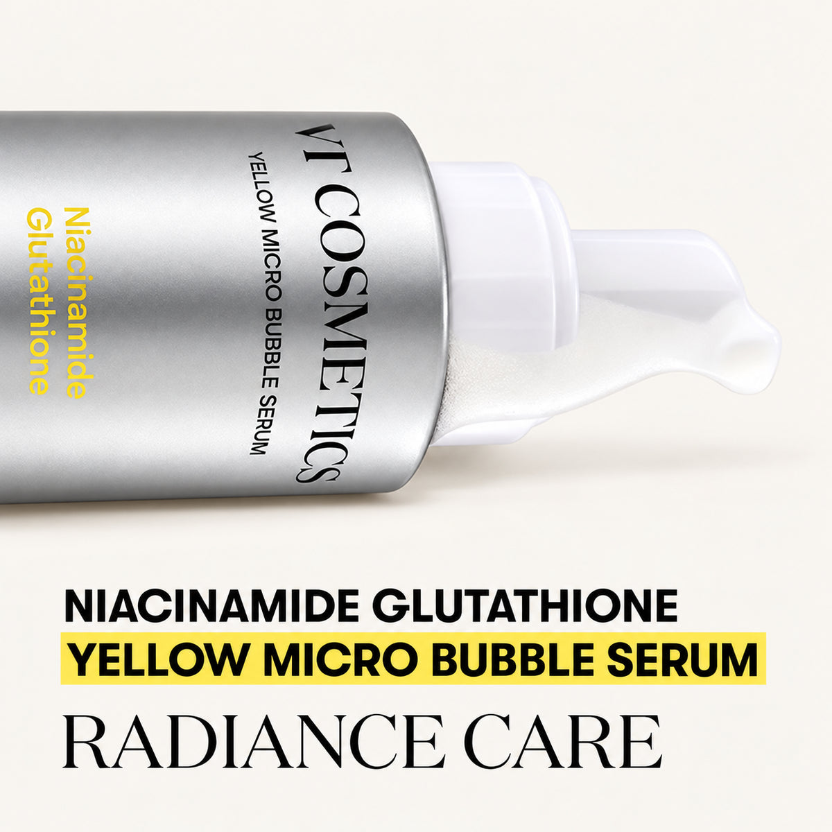 VT Cosmetics Niacinamide Glutathione Yellow Micro Bubble Serum 70 ml, zbliżenie srebrnej butelki z wyciśniętą pianką | Ellemania