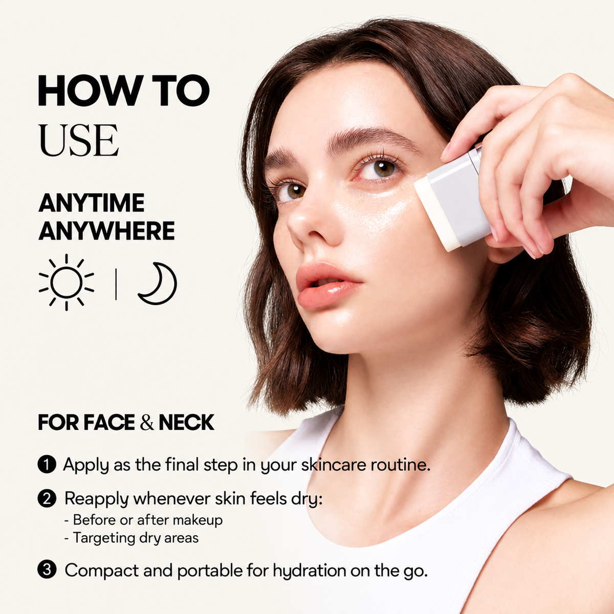 VT Cosmetics PDRN Essence Stick Balm 9,5 g, model applying the stick to her cheek, with instructions for use | Ellemania