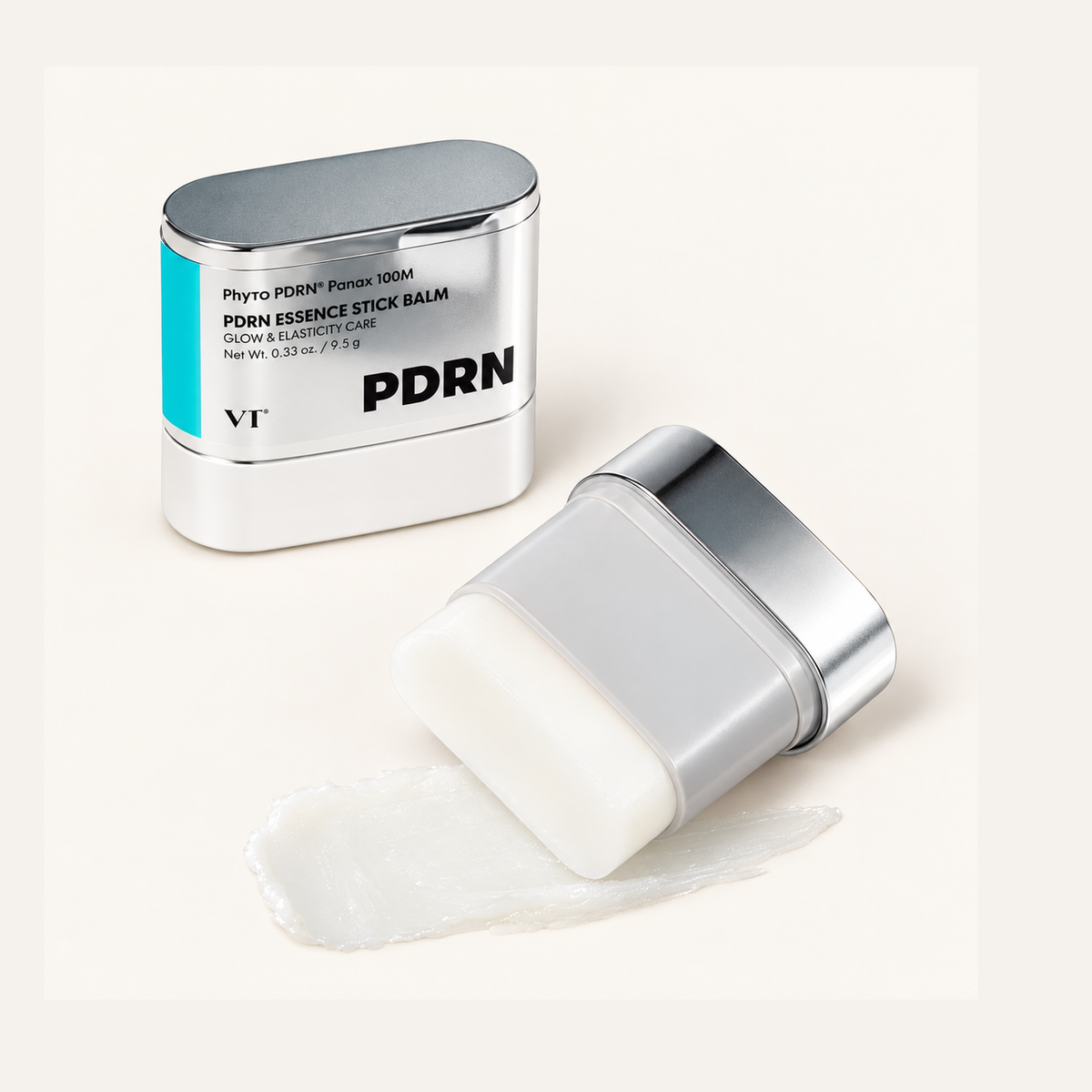 VT Cosmetics PDRN Essence Stick Balm 9,5 g, open stick with the balm extended and the cap beside it | Ellemania