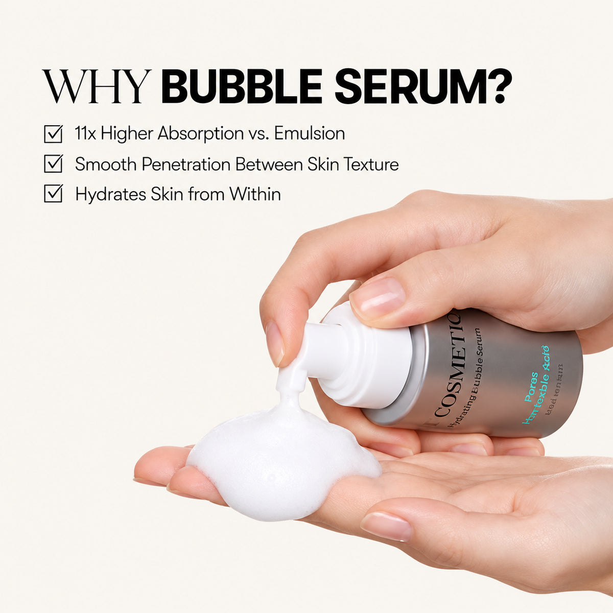 VT Cosmetics PDRN Hyaluronic Acid Mint Micro Bubble Serum 70 ml, hand with a bottle and squeezed-out foam, with a description of how it works | Ellemania