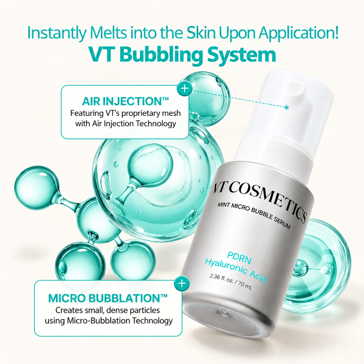 VT Cosmetics PDRN Hyaluronic Acid Mint Micro Bubble Serum 70 ml, silver bottle among turquoise bubbles, with a description of the technology | Ellemania