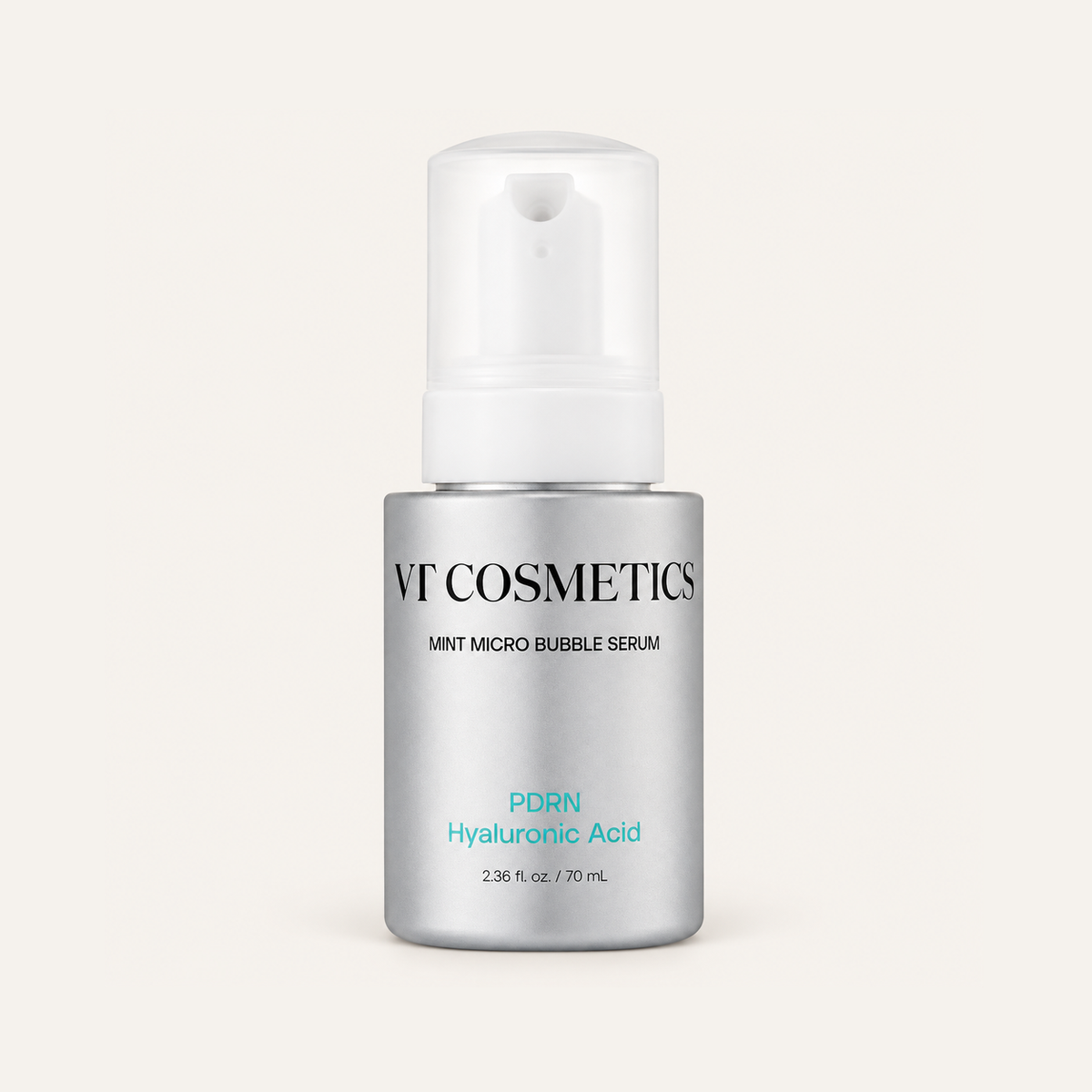 VT Cosmetics PDRN Hyaluronic Acid Mint Micro Bubble Serum 70 ml, silver pump bottle, front view | Ellemania