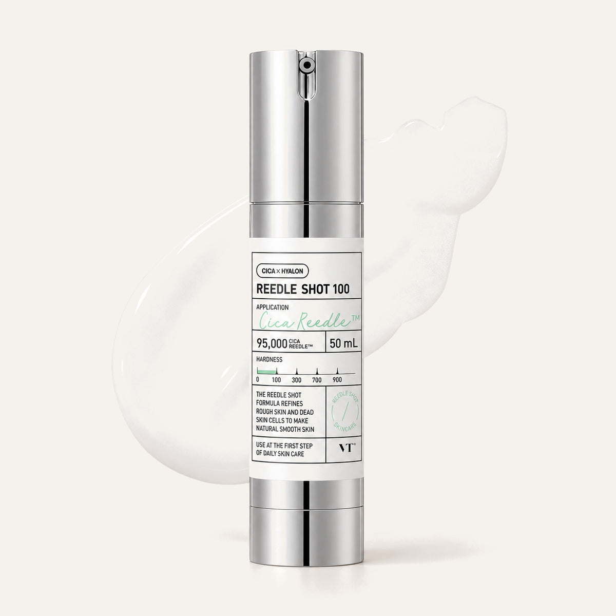 VT Cosmetics Reedle Shot 100 50 ml, butelka z pompką z przodu z białą teksturą serum | Ellemania