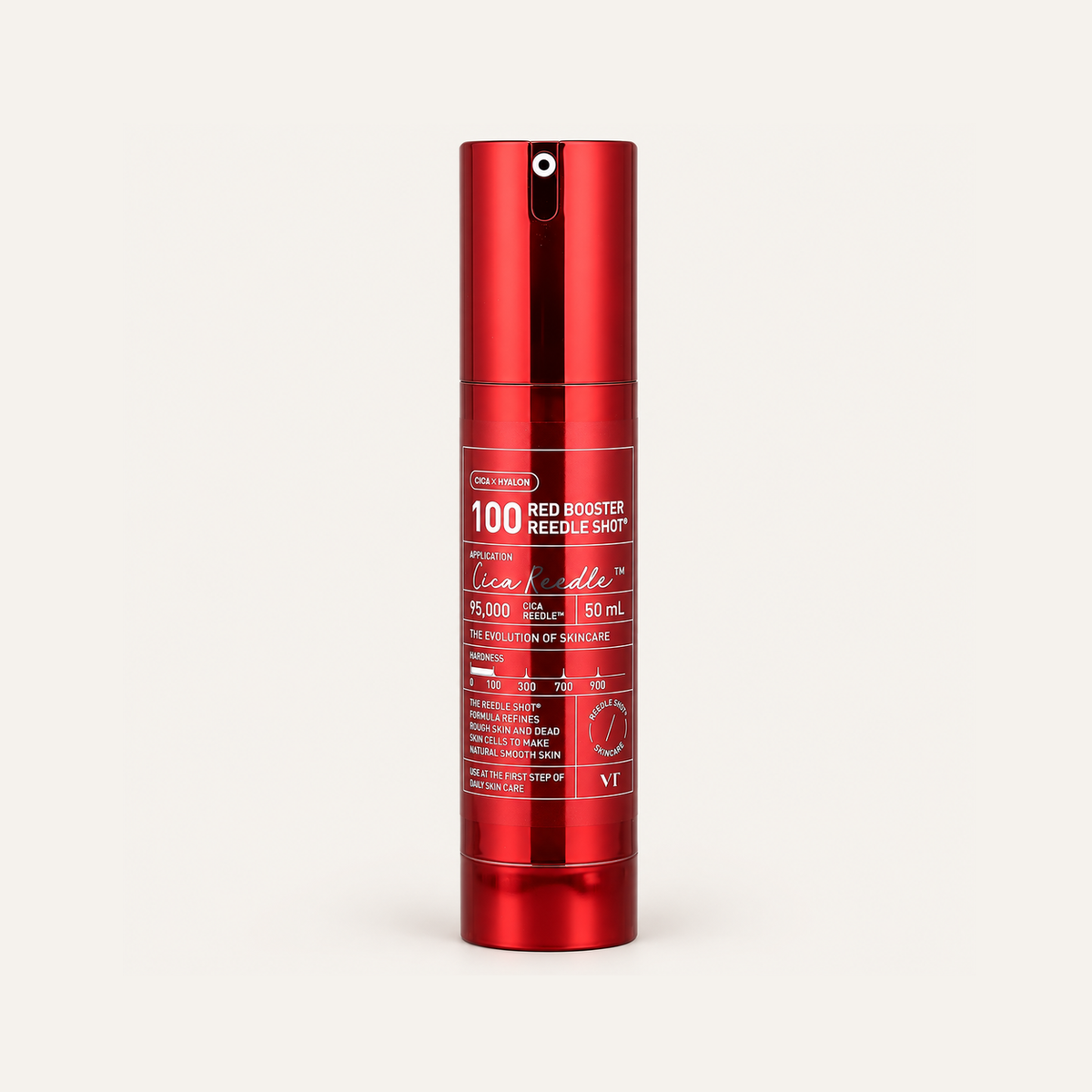 VT Cosmetics Reedle Shot 100 Red Booster Serum 50 ml, red pump bottle, front view | Ellemania