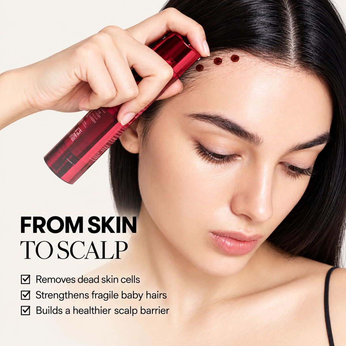 VT Cosmetics Reedle Shot 100 Red Booster Serum 50 ml, model applying the serum to her scalp, with a description of how it works | Ellemania