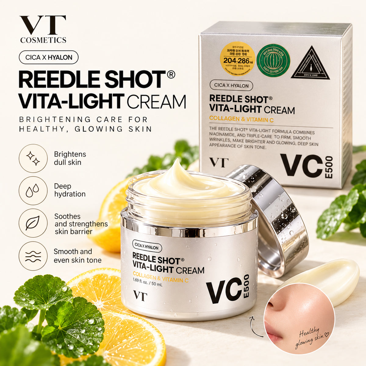 VT Cosmetics Reedle Shot Vita-Light Cream 50 ml, open jar, box, leaves and a lemon, with a description of how it works | Ellemania