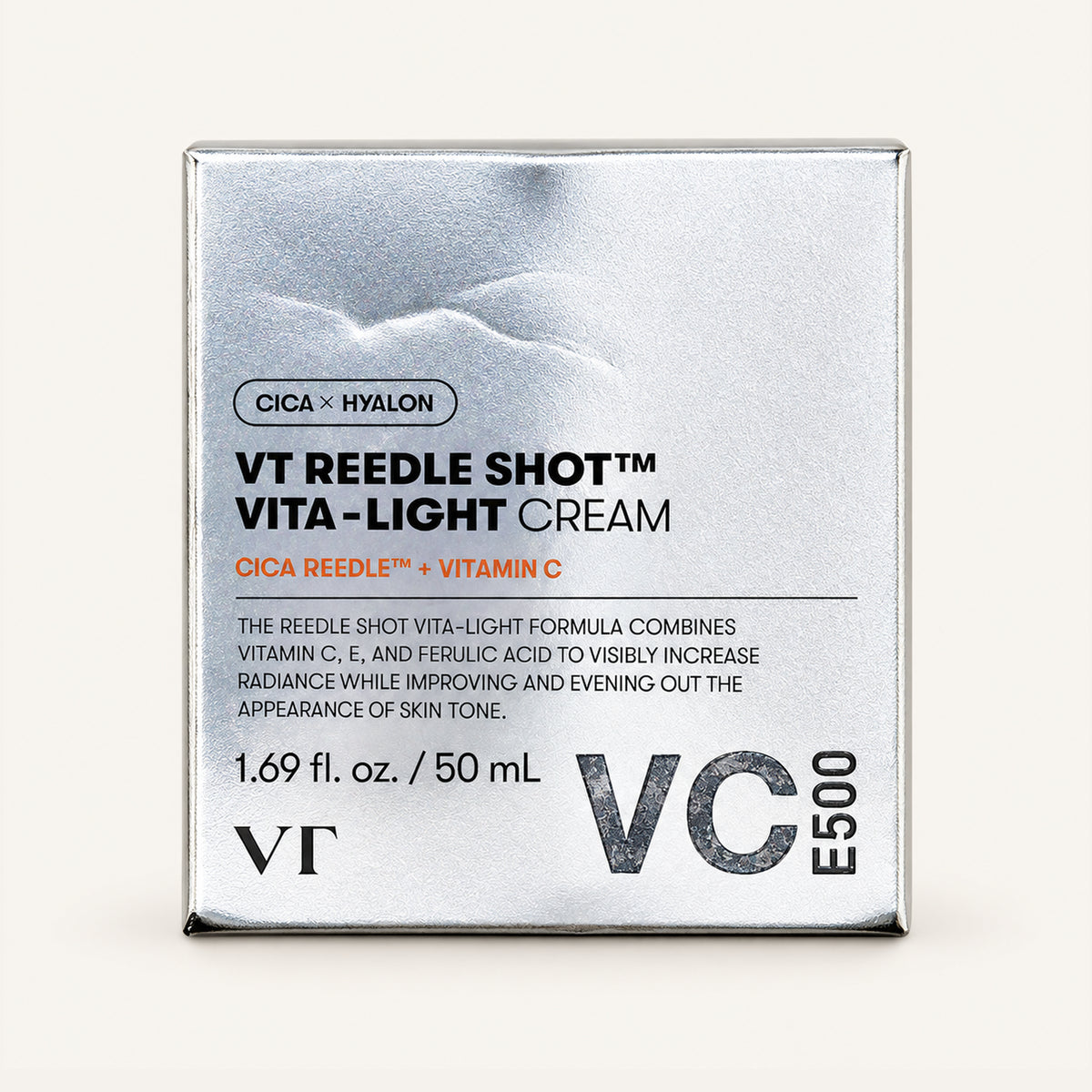 VT Cosmetics Reedle Shot Vita-Light Cream 50 ml, silver box, front view | Ellemania
