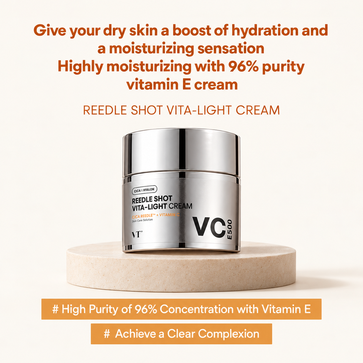 VT Cosmetics Reedle Shot Vita-Light Cream 50 ml, silver jar on a podium, with a description | Ellemania