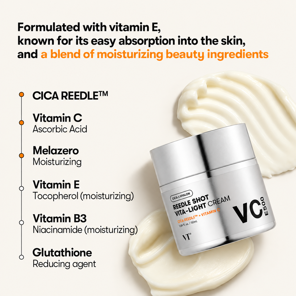 VT Cosmetics Reedle Shot Vita-Light Cream 50 ml, silver jar against cream swatches, with an ingredient list | Ellemania