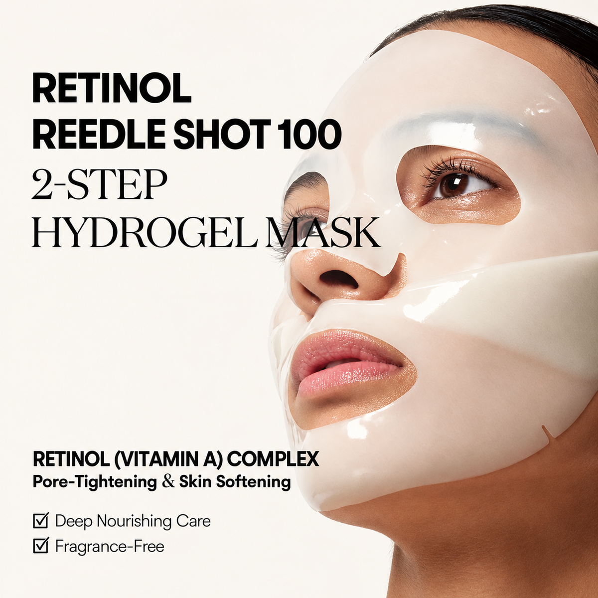 VT Cosmetics Reti-A Reedle Shot 100 2 Step Hydrogel Mask, model wearing a hydrogel mask, with a description | Ellemania