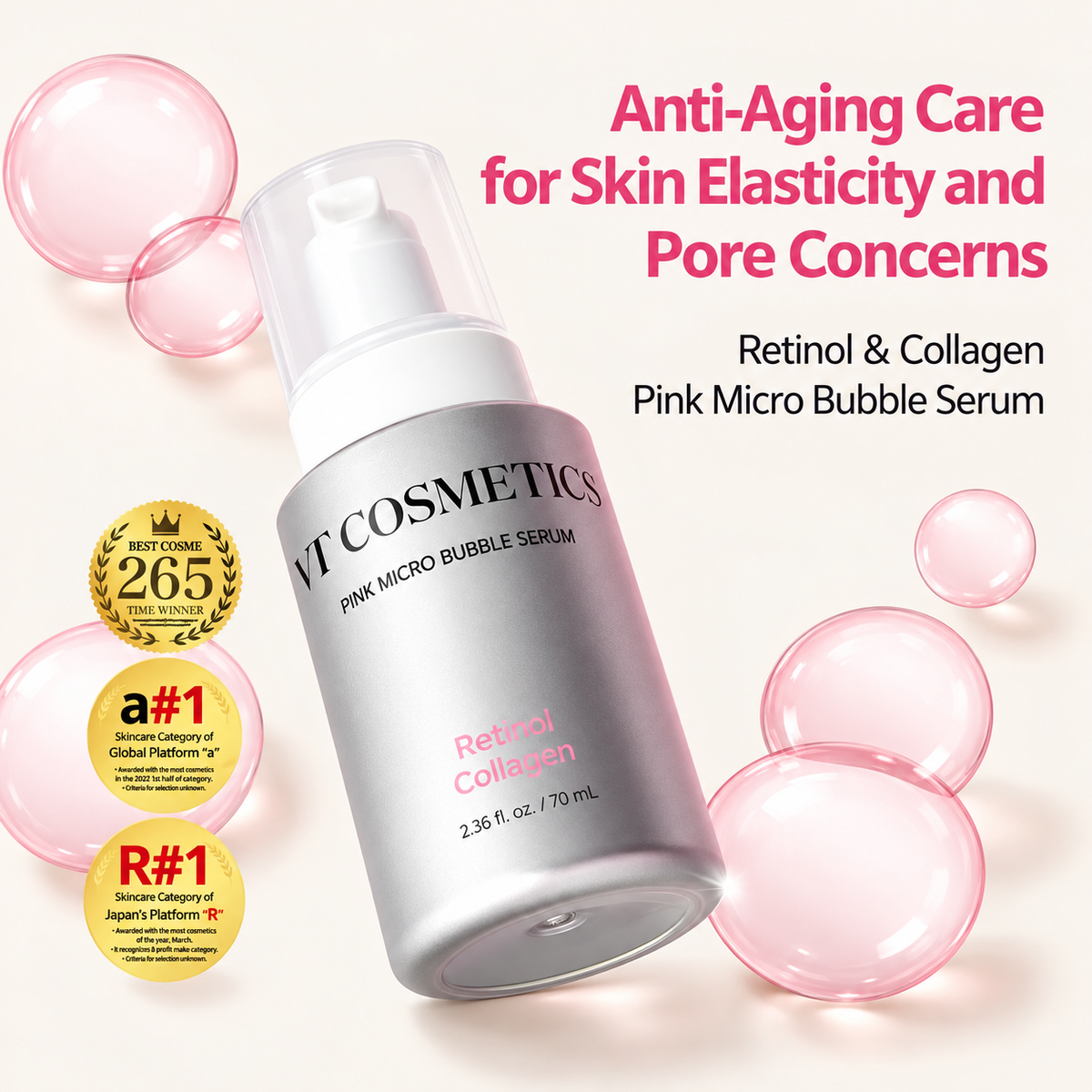 VT Cosmetics Retinol Collagen Pink Micro Bubble Serum 70 ml, silver bottle among pink bubbles, with badges | Ellemania